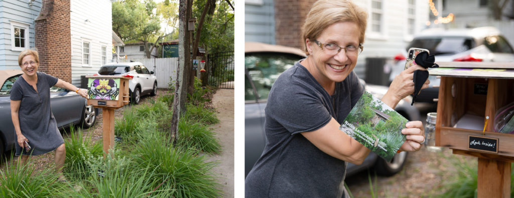 Jennife Wolfe showing off her little free library with native plant landscaping literature